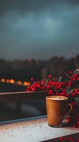 Cozy coffee cup with latte art next to red winter berries on window ledge, moody evening bokeh lights in background, atmospheric winter drink composition.