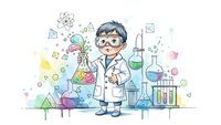 Young scientist boy in lab coat conducting chemistry experiments with colorful beakers and test tubes on white background for educational materials.