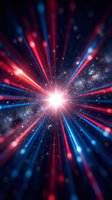 Radiant starburst with red and blue light rays bursting from glowing center, particles and bokeh effects creating dynamic energy and motion for technology, science, innovation backgrounds.