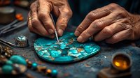 African American artisan hands crafting turquoise jewelry on rustic workbench with traditional tools and gemstones in warm ambient lighting, close-up macro photography.