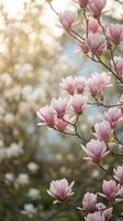 Pink magnolia blossoms on branches with soft bokeh background, ideal for spring themes, nature designs, and botanical projects.