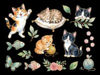 Cute cats and kittens with botanical elements isolated on transparent background. Ready for t-shirt design, clipart, stickers, sublimation and print-on-demand projects.