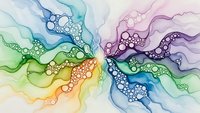 Abstract watercolor background with flowing organic shapes and bubbles in rainbow gradient colors from yellow to purple.