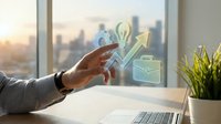 Businessman hand holding glowing lightbulb and growth arrow icons above laptop desk with city skyline window view, representing innovation, success and business strategy development.