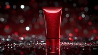 Red cosmetic tube on dark glittery background with bokeh lights and sparkles, luxury beauty product packaging for skincare, makeup or personal care.