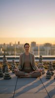Young woman meditating in lotus position surrounded by balanced stone cairns on urban rooftop terrace at golden hour sunset with city skyline background.