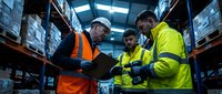 Three diverse warehouse workers in safety vests and hard hats reviewing logistics data on tablet in modern distribution center with stacked inventory shelves.