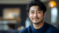 Young Asian male professional with confident smile wearing navy sweater in modern office setting with soft bokeh lighting, expressing warmth and approachability.
