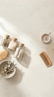 Flat lay arrangement of natural skincare and wellness products including glass jars, wooden comb, brush, and dried botanicals on neutral stone surface for beauty and spa content.