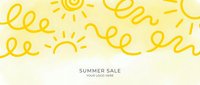 Bright summer sale banner with hand-drawn sun doodles and flowing text on cream background, perfect for seasonal promotions and marketing campaigns.