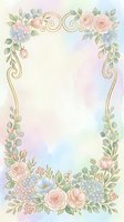 Watercolor floral frame with gold border, pastel roses, hydrangeas, and greenery on soft rainbow background for wedding invitations.