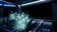 Technician in dark uniform interacting with holographic network interface displaying connected nodes and digital data visualization in futuristic control room environment.