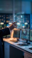 Businessman in suit touching glowing holographic AI interface in dark high-tech control room with multiple monitors displaying data.
