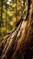 Close-up of weathered tree bark texture with natural patterns and warm sunlight filtering through blurred forest background in golden hour lighting.
