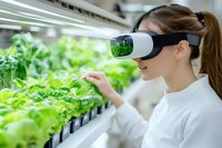 Young Asian woman wearing VR headset examining hydroponic vegetables in modern indoor farm facility. Smart agriculture and sustainable food production concept.