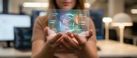 Young businesswoman presenting holographic digital interface with futuristic data visualization in modern office environment for technology presentations.