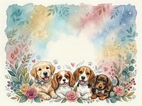 Adorable puppies sitting together in watercolor floral frame with roses and leaves on soft pastel background for greeting cards and pet designs.