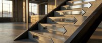 Modern floating wooden staircase with glass railings in contemporary loft interior with natural lighting and industrial design elements.
