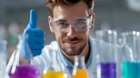 Smiling scientist in protective eyewear and gloves showing thumbs up in laboratory with colorful liquid samples in test tubes and beakers, expressing success and approval.