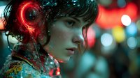 Young woman with cybernetic eye implant and wet curly hair in futuristic neon-lit urban setting with bokeh lights background for sci-fi technology concepts.