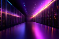 Futuristic server room corridor with glowing neon lights and reflective floor creating dramatic perspective. Purple and orange technological atmosphere with data streams.