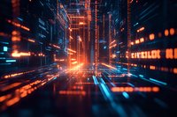 Abstract digital technology background with glowing orange and blue light trails creating futuristic cyber tunnel effect, representing data flow and connectivity.