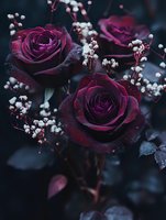 Deep burgundy roses with baby's breath and water droplets arranged in moody floral composition. Suitable for wedding designs, greeting cards, and luxury branding projects.