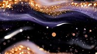 Abstract cosmic landscape with flowing purple waves and golden glitter particles against dark space background. Ideal for luxury design projects.