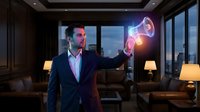 Professional businessman in dark suit holding glowing megaphone in modern office interior with city view at night for marketing and communication concepts.