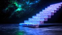 Mystical glowing crystal staircase ascending into starry cosmos with ethereal blue and green nebula, floating over reflective surface in dark space.