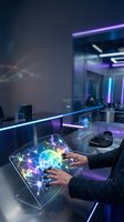 Futuristic office workspace with businessman using holographic brain interface technology on transparent tablet displaying colorful neural networks and connections.