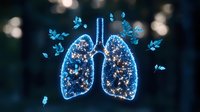 Glowing blue lungs with sparkling lights and butterflies on dark background, medical concept illustration for respiratory health and wellness. Artistic healthcare visualization.