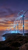 Wind turbines on a coastal cliff at sunset with glowing digital data overlays and energy flow lines visualizing smart renewable power.