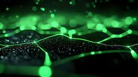 Glowing green waves and particles create dynamic motion against dark background with bokeh light effects and flowing energy lines. Abstract digital art concept.