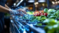 Digital transformation glowing blue light effect over fresh produce section in grocery store, showing innovative shopping technology and future retail concept.