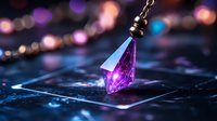 Glowing purple crystal pendant on chain with magical bokeh lights in dark mystical setting, creating ethereal atmosphere for fantasy and spiritual designs.