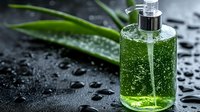 Natural aloe vera gel in glass bottle with fresh leaves and water drops on dark stone surface for skincare and wellness products.