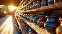 Rustic pottery vessels on wooden shelves illuminated by warm sunlight streaming through window, creating atmospheric depth and dramatic lighting in artisan workshop.