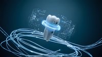 Digital tooth with glowing circuit patterns and flowing data streams representing modern dental technology and healthcare innovation on dark background.