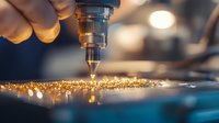 Close-up of CNC machine drilling into metal surface with golden metal shavings, showcasing precision manufacturing in industrial workshop setting.