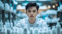 Young Asian male pharmacist in white coat standing confidently in modern pharmacy with blurred medication shelves and warm lighting in background.