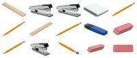 Office supplies collection with staplers, pencils, rulers, notebook and erasers isolated on white background for business and education designs.