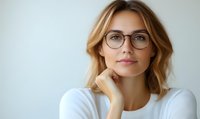 Young Caucasian businesswoman wearing glasses and white sweater with confident smile looking at camera, hand on chin pose against light background. Professional headshot.