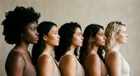 Five diverse women in profile showcasing natural beauty and different ethnicities standing together in neutral tones against textured background.