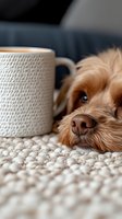 Sleepy golden cocker spaniel dog lying on textured carpet next to white ceramic coffee mug, close-up view of nose and partial face showing relaxed expression.