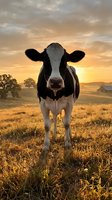 Holstein dairy cow standing in golden pasture field during warm sunset with farm barn and trees in rural countryside landscape for agriculture concepts.
