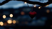 Red heart ornament hanging from tree branch with string lights against blurred bokeh city lights background creating romantic evening atmosphere.