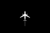 White airplane silhouette with dotted line trail isolated on black background, minimalist aviation design element for travel and transportation concepts.