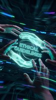 Hands holding glowing ethical guidelines hologram in digital environment with neon light streams and circuit patterns, representing AI governance and responsible technology standards.