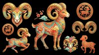 Aries zodiac sign ram and goat animals with decorative ornamental patterns isolated on transparent background, ready for t-shirt design, clipart, stickers, sublimation and print-on-demand projects.